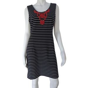 Sharagano Black White Striped Sleeveless Knee Lngth A line Dress Red Beadwork 10